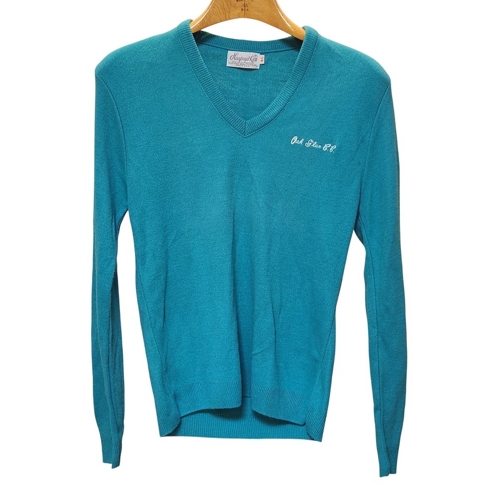 Vintage Haymaker Teal V-Neck Sweater Oak Glen CC Embroidery Size 40 USA Made